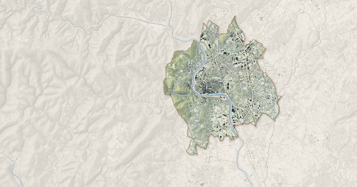 Portrait cartographique de Alès : relief, eau, forêts, bâti et voies, calculés à partir des données de l'IGN