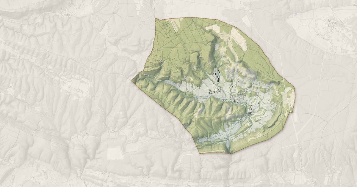 Portrait cartographique de Belvézet : relief, eau, forêts, bâti et voies, calculés à partir des données de l'IGN