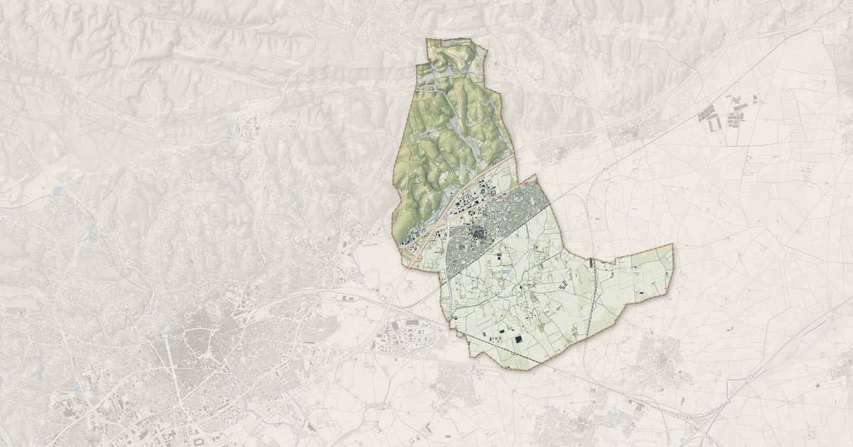Portrait cartographique de Marguerittes : relief, eau, forêts, bâti et voies, calculés à partir des données de l'IGN