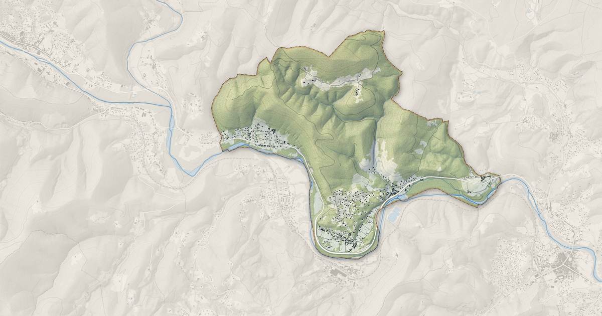 Portrait cartographique de Meyrannes : relief, eau, forêts, bâti et voies, calculés à partir des données de l'IGN