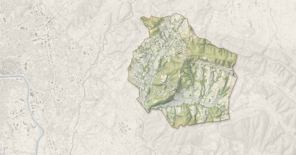 Portrait cartographique de Mons : relief, eau, forêts, bâti et voies, calculés à partir des données de l'IGN