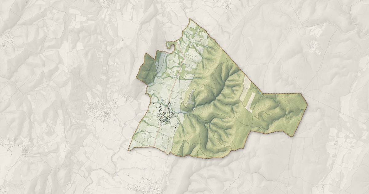 Portrait cartographique de Montmirat : relief, eau, forêts, bâti et voies, calculés à partir des données de l'IGN