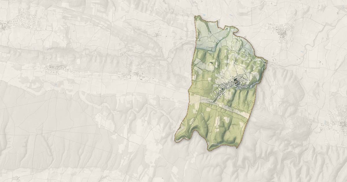 Portrait cartographique de Le Pin : relief, eau, forêts, bâti et voies, calculés à partir des données de l'IGN