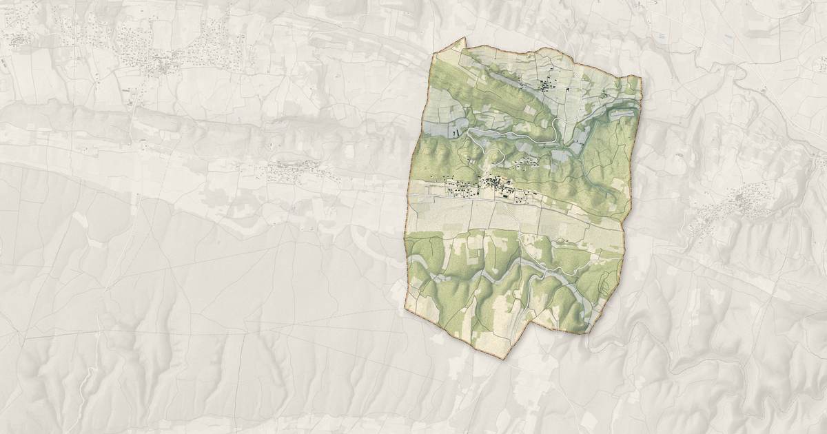 Portrait cartographique de Pougnadoresse : relief, eau, forêts, bâti et voies, calculés à partir des données de l'IGN