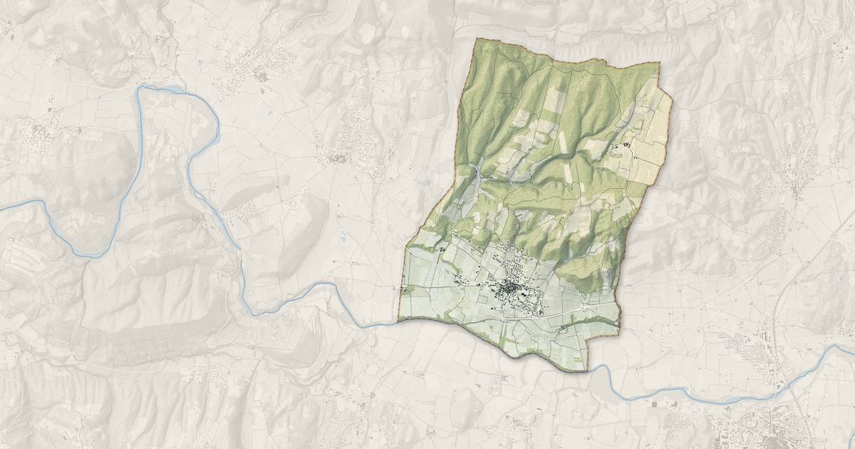 Portrait cartographique de Saint-Gervais : relief, eau, forêts, bâti et voies, calculés à partir des données de l'IGN
