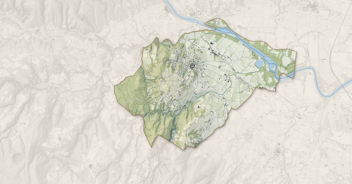 Portrait cartographique de Saint-Julien-de-Peyrolas : relief, eau, forêts, bâti et voies, calculés à partir des données de l'IGN