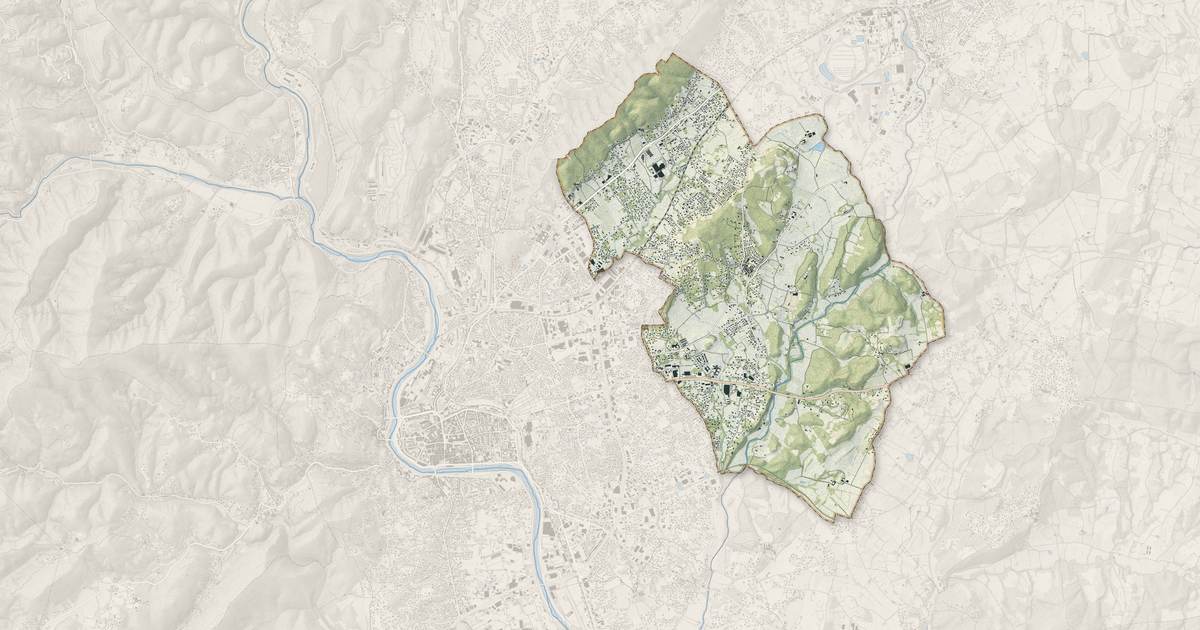 Portrait cartographique de Saint-Privat-des-Vieux : relief, eau, forêts, bâti et voies, calculés à partir des données de l'IGN