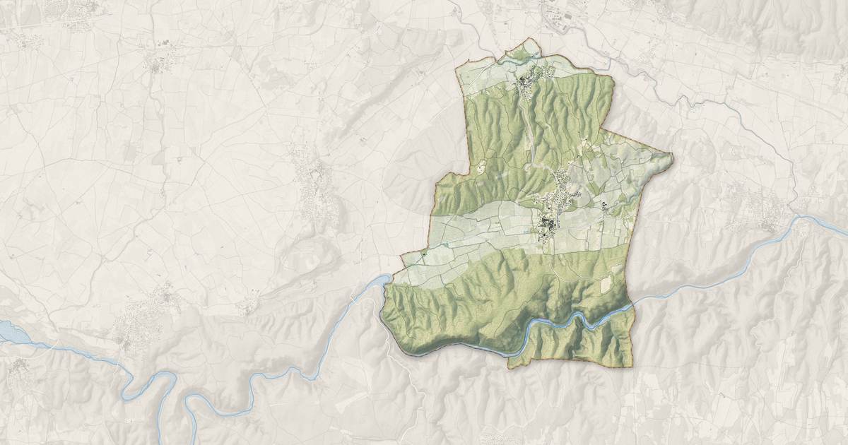 Portrait cartographique de Sanilhac-Sagriès : relief, eau, forêts, bâti et voies, calculés à partir des données de l'IGN