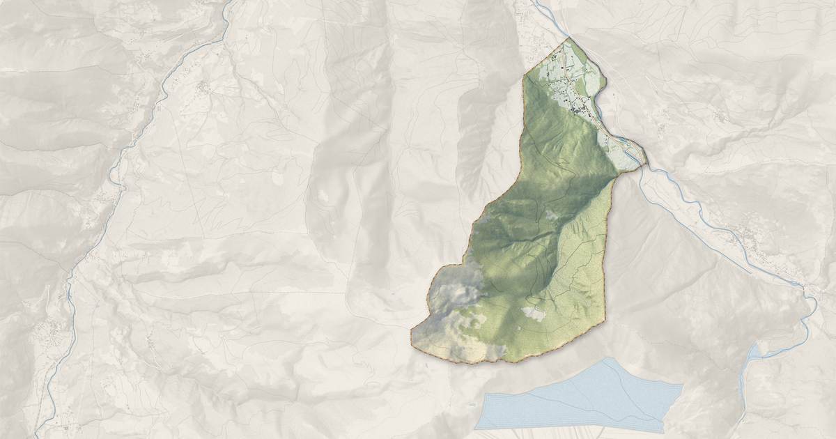 Portrait cartographique de Arlos : relief, eau, forêts, bâti et voies, calculés à partir des données de l'IGN