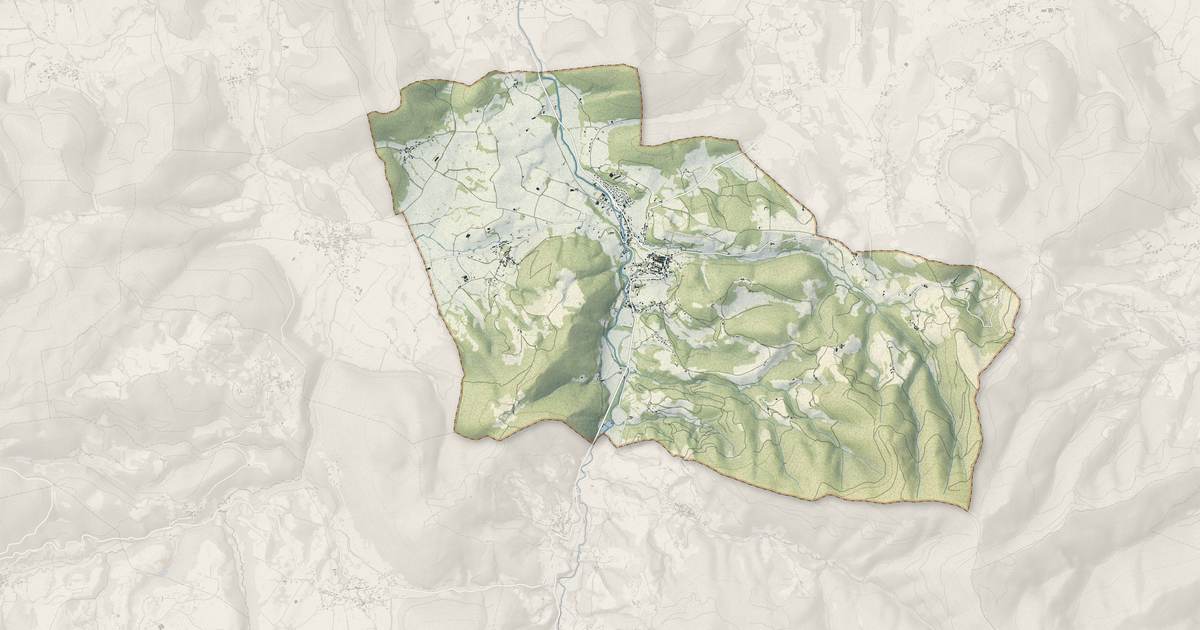 Portrait cartographique de Aspet : relief, eau, forêts, bâti et voies, calculés à partir des données de l'IGN