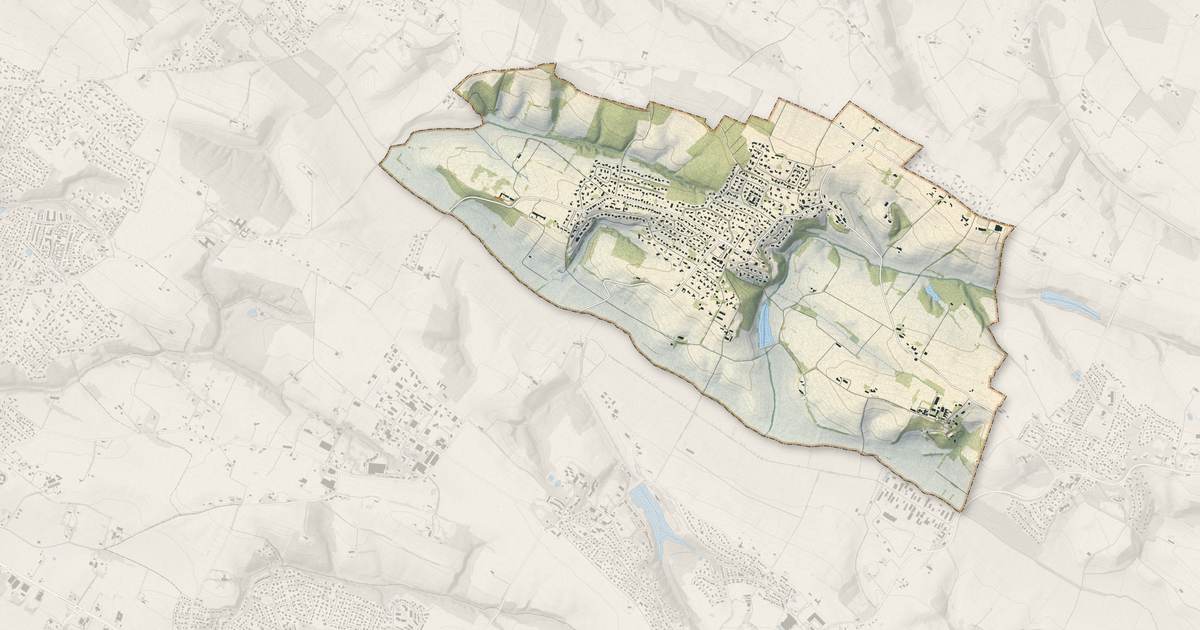 Portrait cartographique de Mons : relief, eau, forêts, bâti et voies, calculés à partir des données de l'IGN