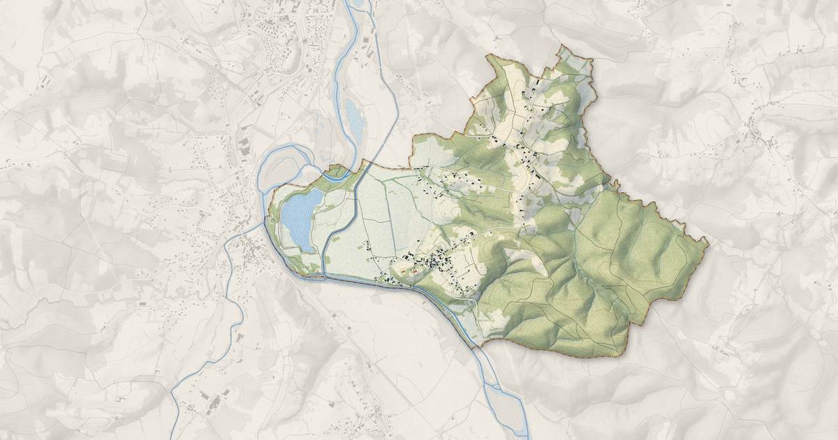 Portrait cartographique de Touille : relief, eau, forêts, bâti et voies, calculés à partir des données de l'IGN