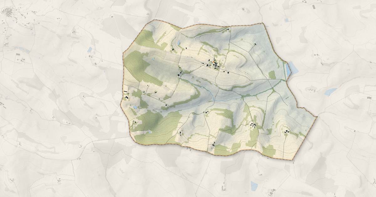 Portrait cartographique de Roquepine : relief, eau, forêts, bâti et voies, calculés à partir des données de l'IGN