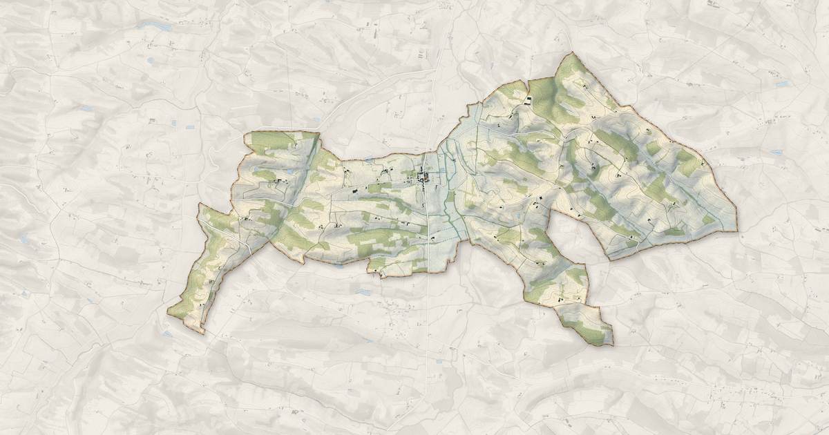 Portrait cartographique de Villefranche-d'Astarac : relief, eau, forêts, bâti et voies, calculés à partir des données de l'IGN