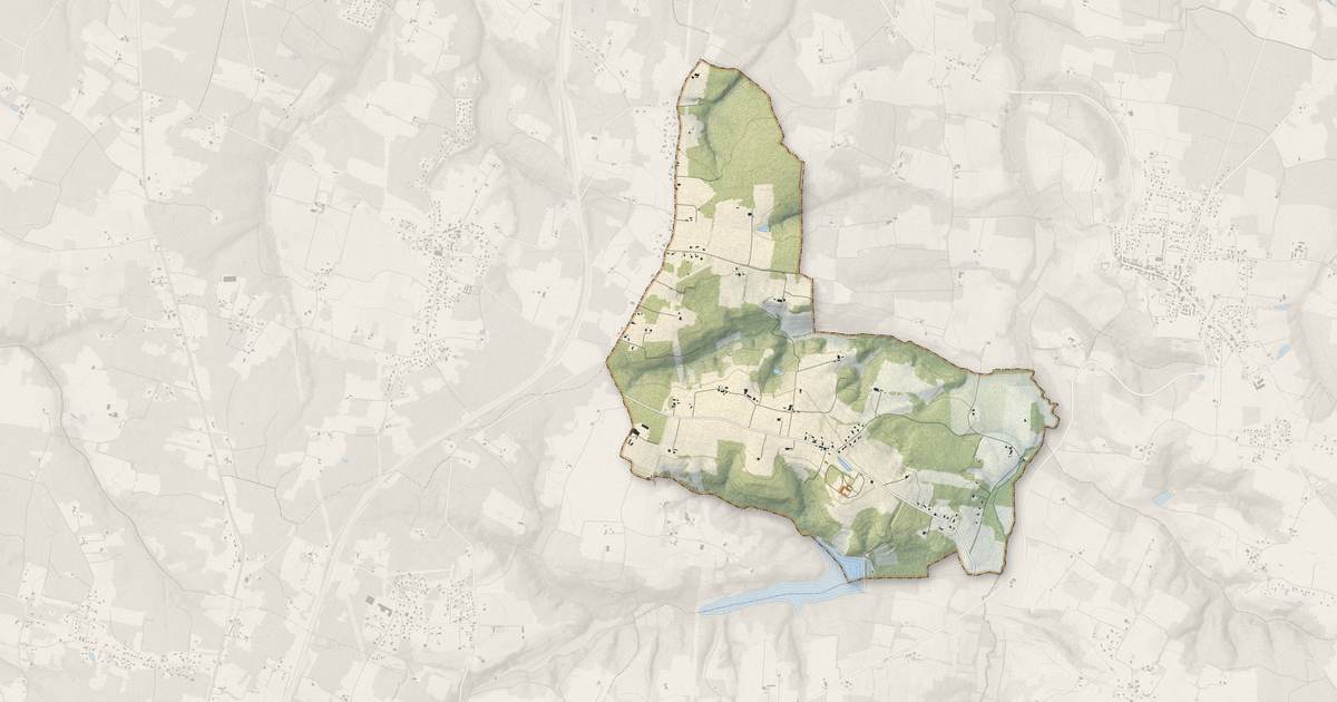 Portrait cartographique de Brouqueyran : relief, eau, forêts, bâti et voies, calculés à partir des données de l'IGN