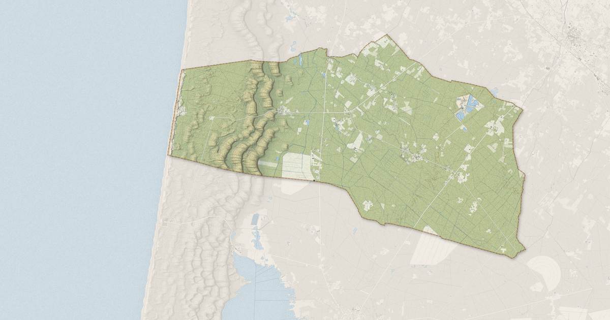 Portrait cartographique de Naujac-sur-Mer : relief, eau, forêts, bâti et voies, calculés à partir des données de l'IGN