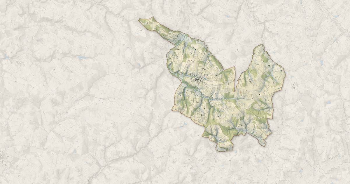 Portrait cartographique de Pellegrue : relief, eau, forêts, bâti et voies, calculés à partir des données de l'IGN
