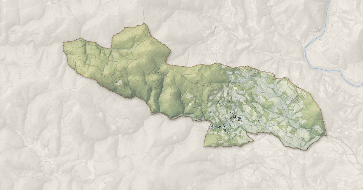 Portrait cartographique de Berlou : relief, eau, forêts, bâti et voies, calculés à partir des données de l'IGN