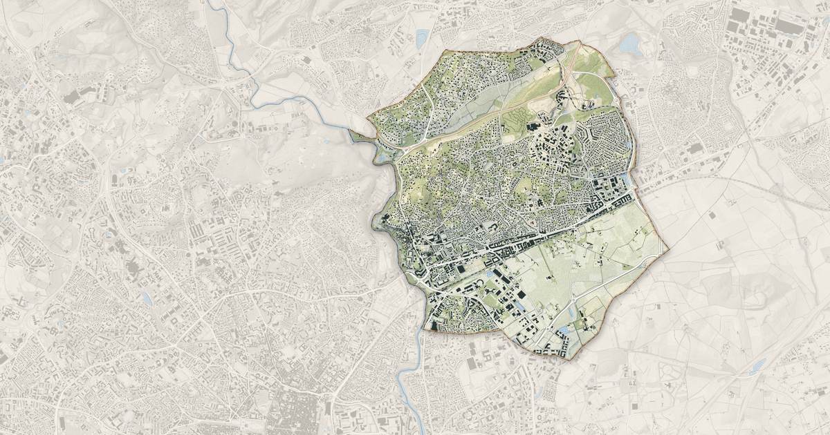 Portrait cartographique de Castelnau-le-Lez : relief, eau, forêts, bâti et voies, calculés à partir des données de l'IGN