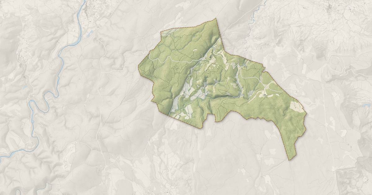 Portrait cartographique de Ferrières-les-Verreries : relief, eau, forêts, bâti et voies, calculés à partir des données de l'IGN