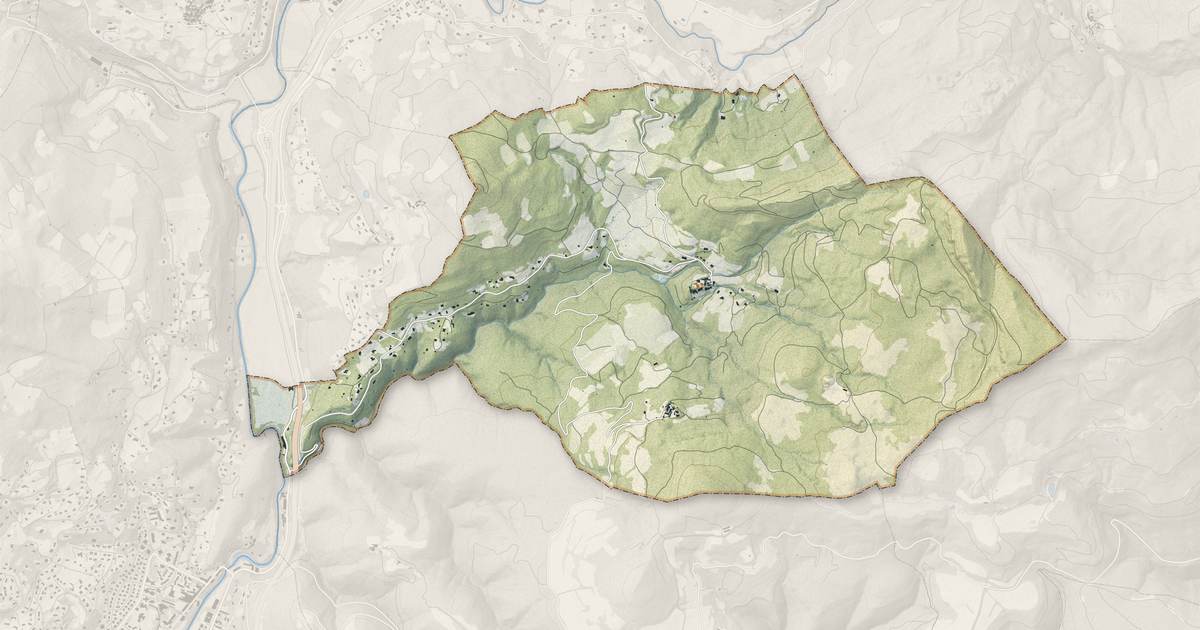 Portrait cartographique de Fozières : relief, eau, forêts, bâti et voies, calculés à partir des données de l'IGN