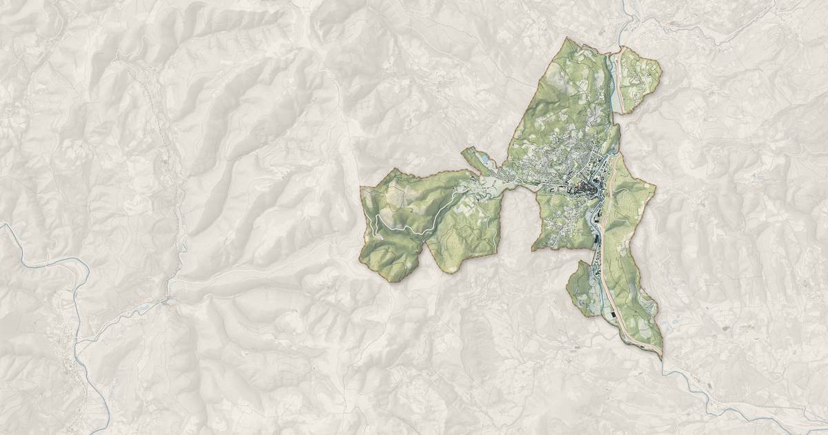 Portrait cartographique de Lodève : relief, eau, forêts, bâti et voies, calculés à partir des données de l'IGN