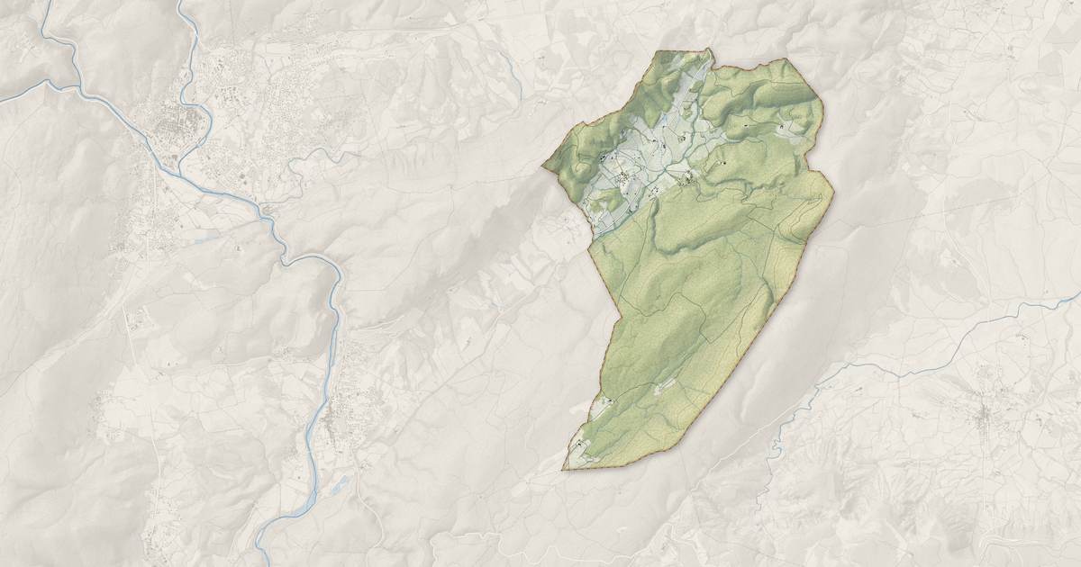Portrait cartographique de Montoulieu : relief, eau, forêts, bâti et voies, calculés à partir des données de l'IGN