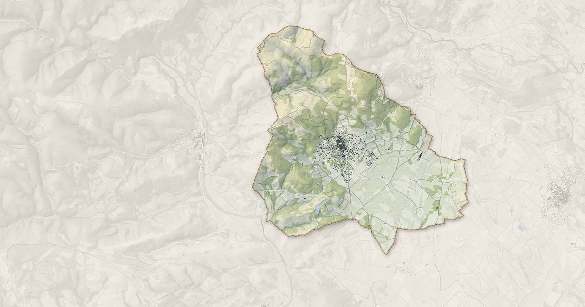 Portrait cartographique de Péret : relief, eau, forêts, bâti et voies, calculés à partir des données de l'IGN