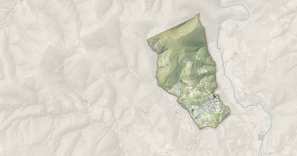 Portrait cartographique de Le Pradal : relief, eau, forêts, bâti et voies, calculés à partir des données de l'IGN
