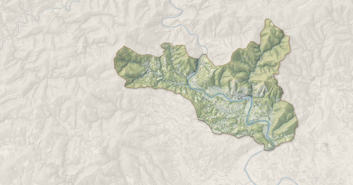 Portrait cartographique de Roquebrun : relief, eau, forêts, bâti et voies, calculés à partir des données de l'IGN