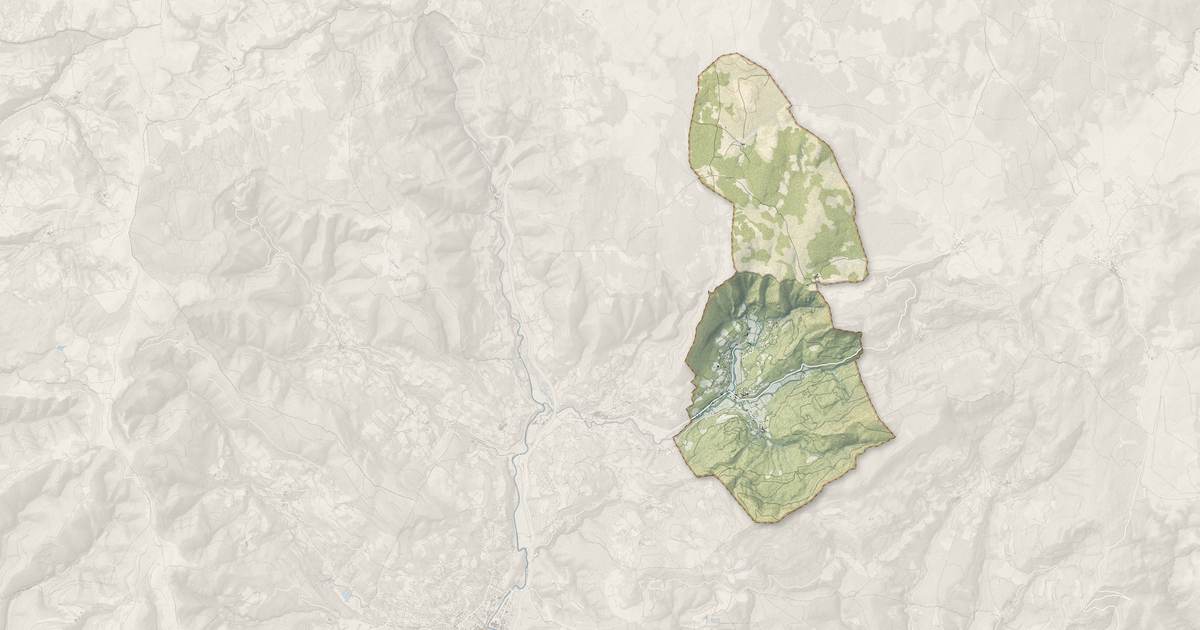 Portrait cartographique de Saint-Étienne-de-Gourgas : relief, eau, forêts, bâti et voies, calculés à partir des données de l'IGN