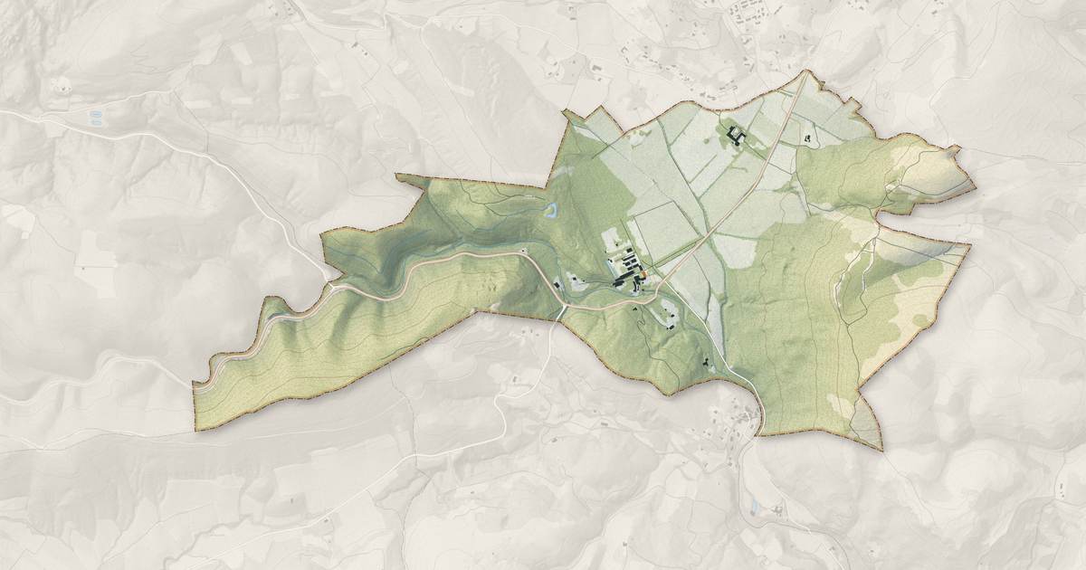 Portrait cartographique de Villeneuvette : relief, eau, forêts, bâti et voies, calculés à partir des données de l'IGN
