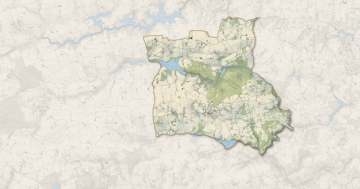 Portrait cartographique de Baulon : relief, eau, forêts, bâti et voies, calculés à partir des données de l'IGN