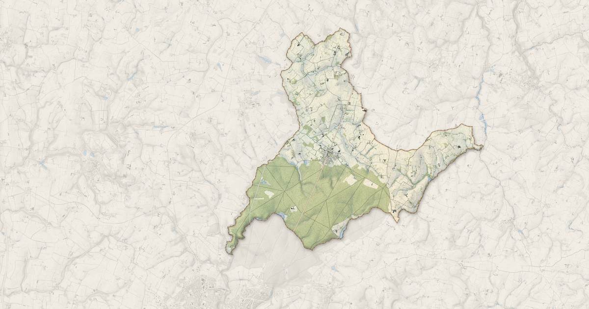 Portrait cartographique de Landéan : relief, eau, forêts, bâti et voies, calculés à partir des données de l'IGN