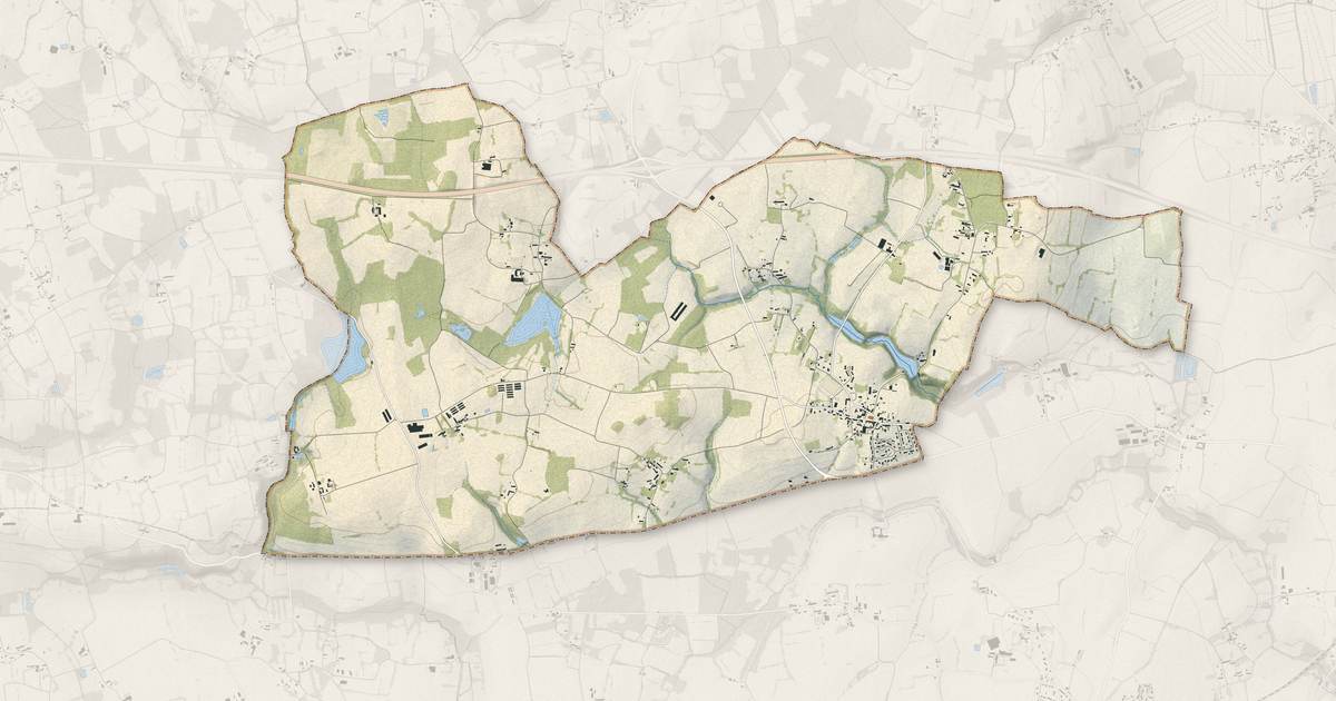 Portrait cartographique de Sains : relief, eau, forêts, bâti et voies, calculés à partir des données de l'IGN