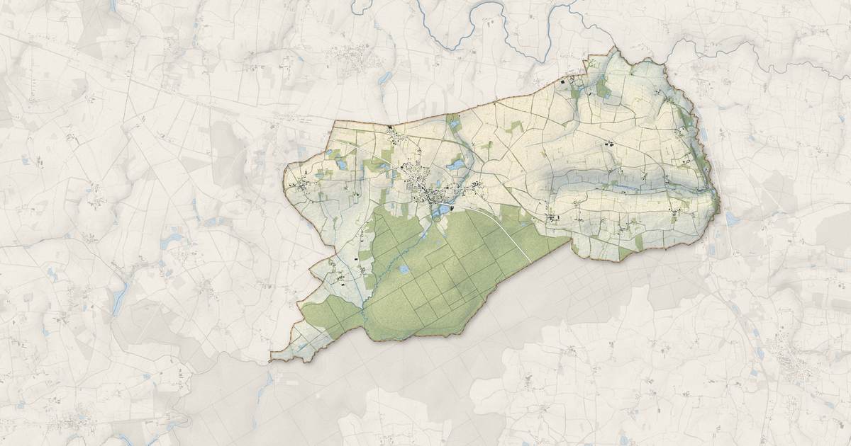 Portrait cartographique de Teillay : relief, eau, forêts, bâti et voies, calculés à partir des données de l'IGN