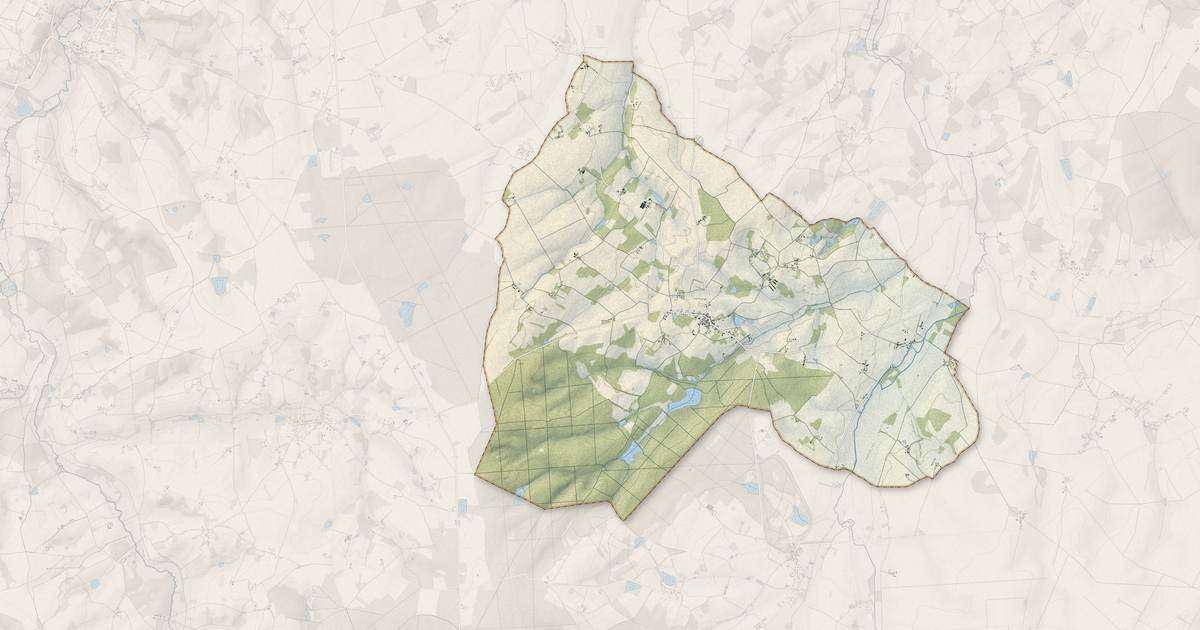 Portrait cartographique de Rouvres-les-Bois : relief, eau, forêts, bâti et voies, calculés à partir des données de l'IGN