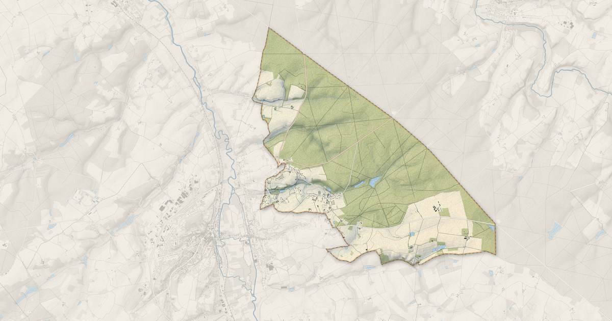 Portrait cartographique de Ferrière-sur-Beaulieu : relief, eau, forêts, bâti et voies, calculés à partir des données de l'IGN