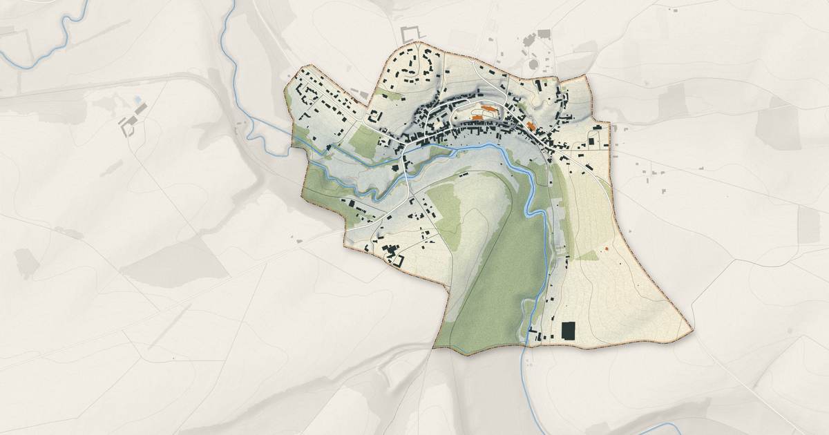 Portrait cartographique de Montrésor : relief, eau, forêts, bâti et voies, calculés à partir des données de l'IGN