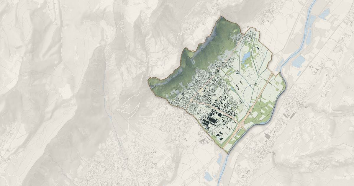 Portrait cartographique de Crolles : relief, eau, forêts, bâti et voies, calculés à partir des données de l'IGN