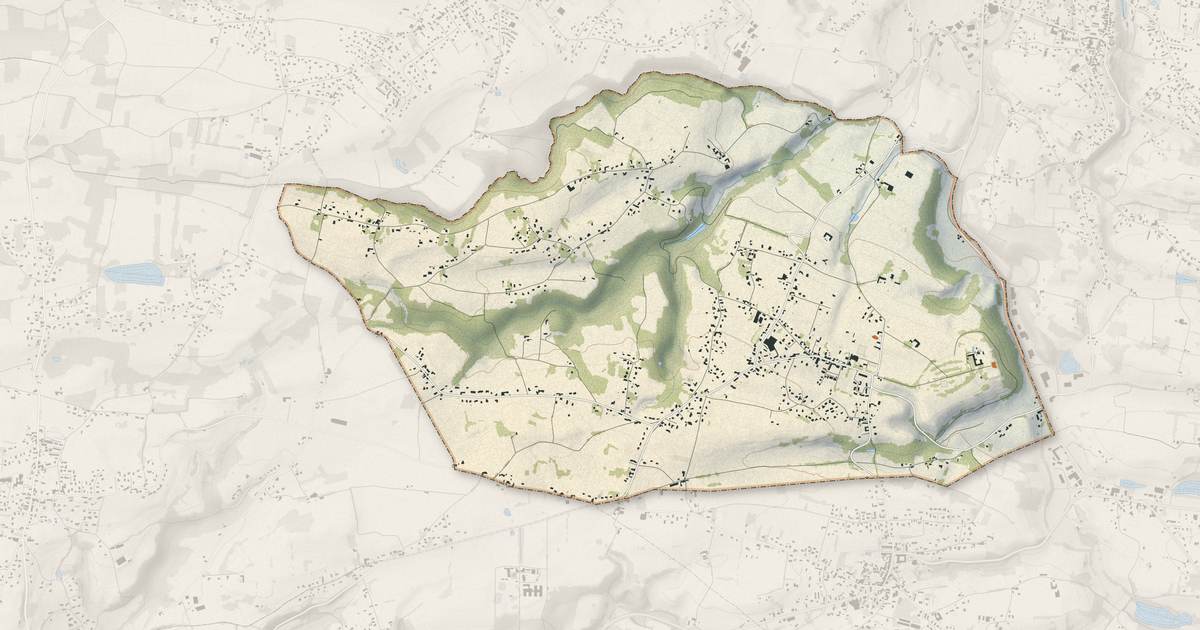 Portrait cartographique de Faverges-de-la-Tour : relief, eau, forêts, bâti et voies, calculés à partir des données de l'IGN