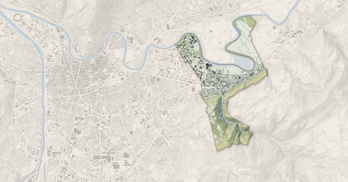 Portrait cartographique de Gières : relief, eau, forêts, bâti et voies, calculés à partir des données de l'IGN