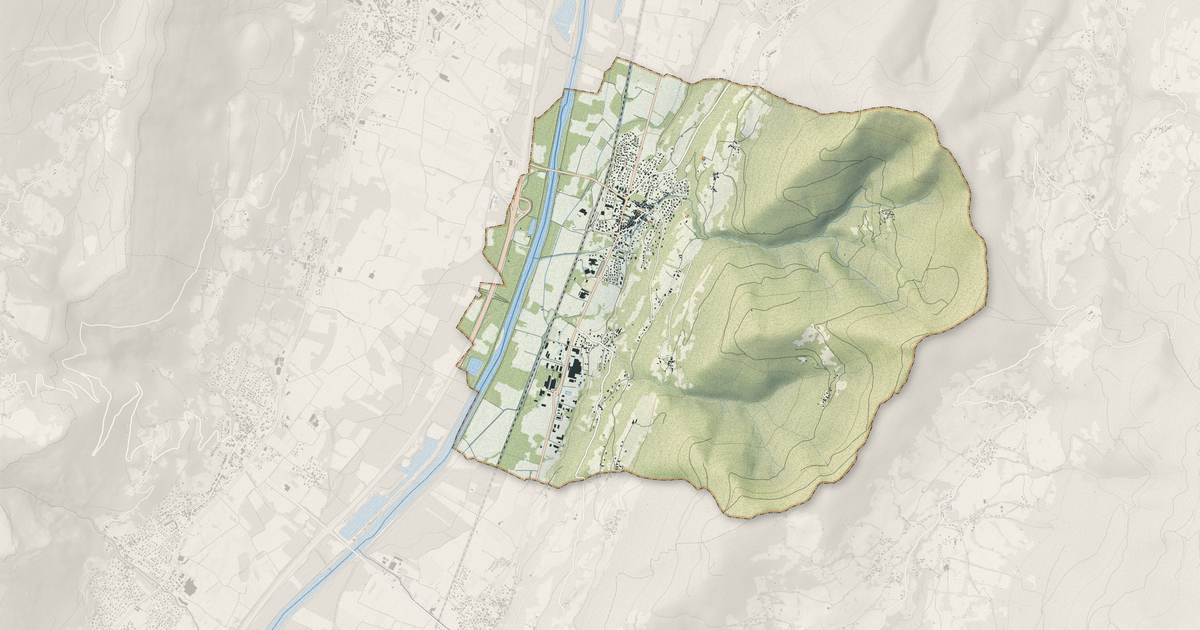 Portrait cartographique de Goncelin : relief, eau, forêts, bâti et voies, calculés à partir des données de l'IGN