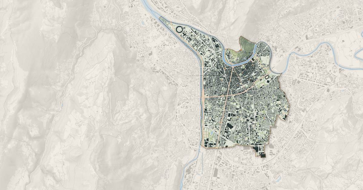 Portrait cartographique de Grenoble : relief, eau, forêts, bâti et voies, calculés à partir des données de l'IGN