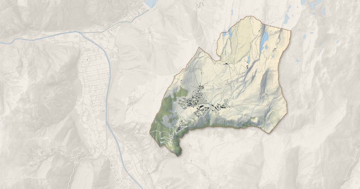 Portrait cartographique de Huez : relief, eau, forêts, bâti et voies, calculés à partir des données de l'IGN