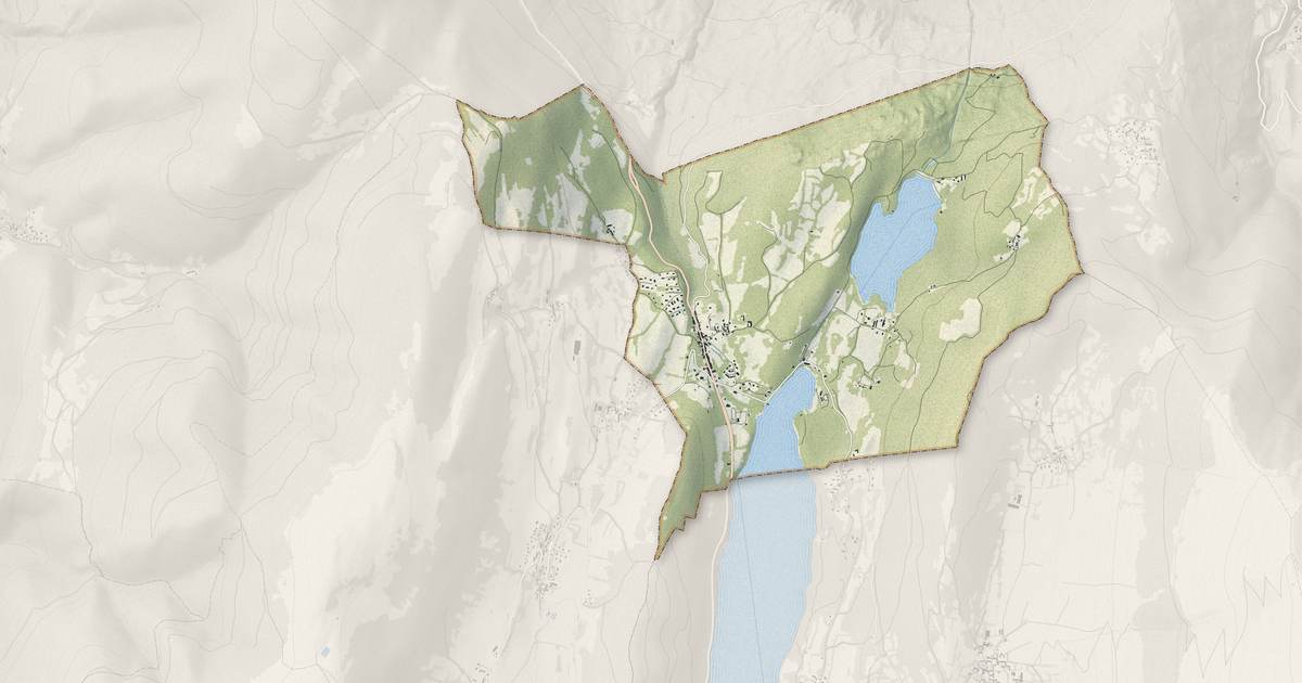 Portrait cartographique de Laffrey : relief, eau, forêts, bâti et voies, calculés à partir des données de l'IGN