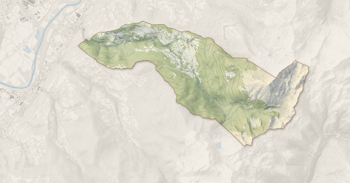 Portrait cartographique de Laval-en-Belledonne : relief, eau, forêts, bâti et voies, calculés à partir des données de l'IGN