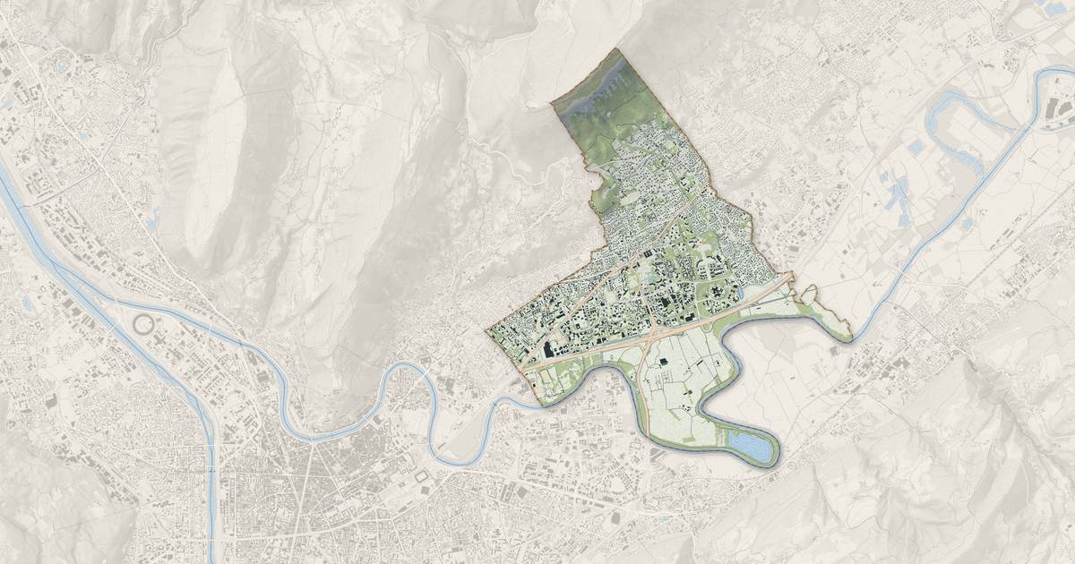 Portrait cartographique de Meylan : relief, eau, forêts, bâti et voies, calculés à partir des données de l'IGN