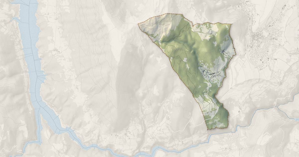 Portrait cartographique de Prunières : relief, eau, forêts, bâti et voies, calculés à partir des données de l'IGN
