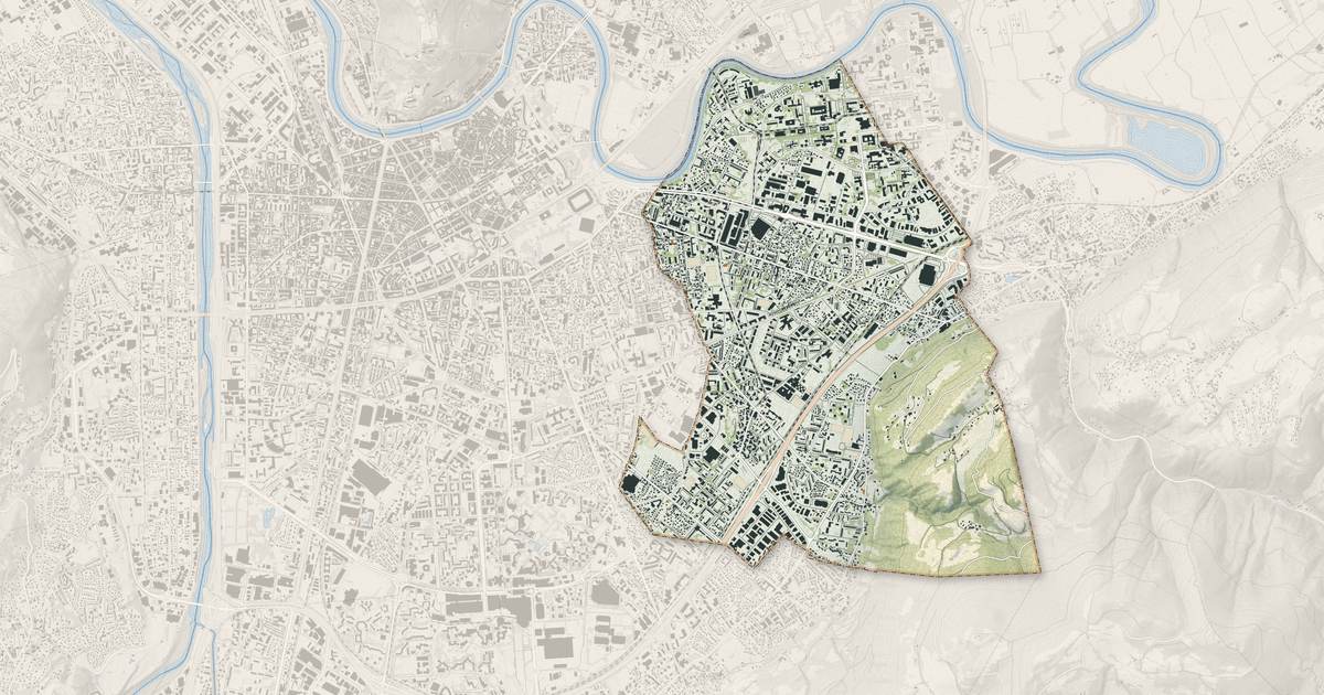 Portrait cartographique de Saint-Martin-d'Hères : relief, eau, forêts, bâti et voies, calculés à partir des données de l'IGN